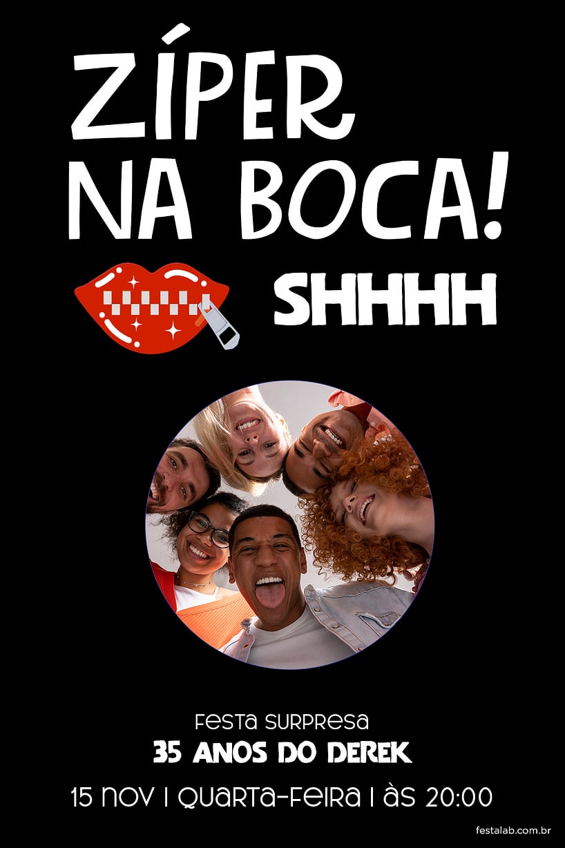Convite Zíper na Boca grátis para editar