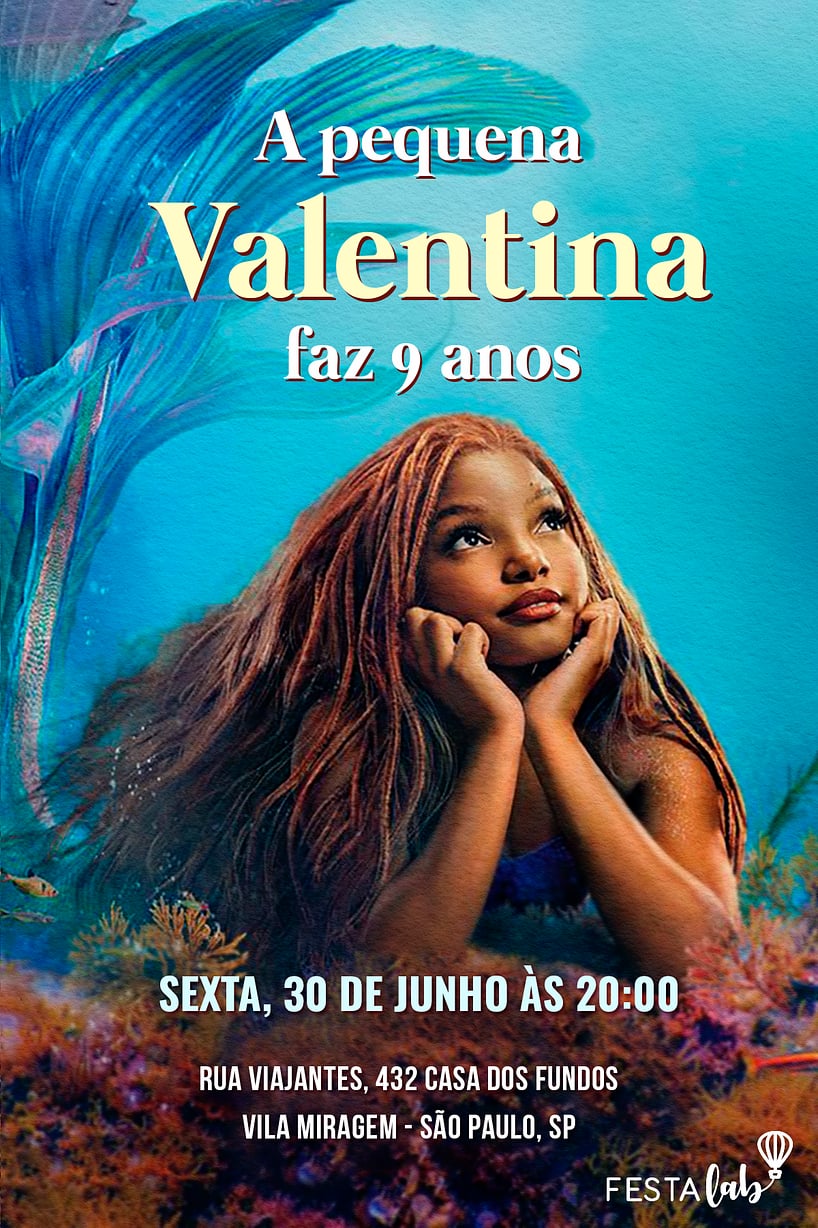 Convite A aventura da pequena sereia grátis para editar