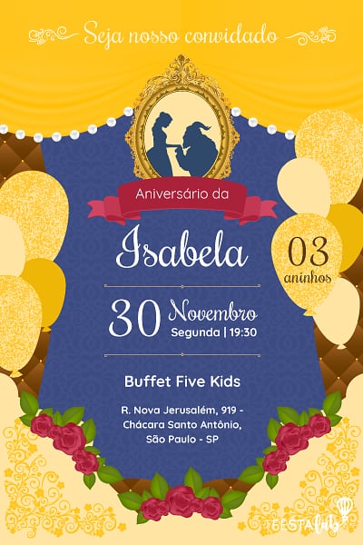 Modelo de Convite de Aniversario - A Magia de A Bela e a Fera - Amarelo Convite A Magia de A Bela e a Fera - Amarelo grátis para editar