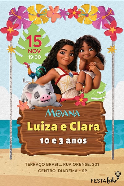Modelo de Convite de Aniversario - A irma de Moana Convite A irmã de Moana grátis para editar
