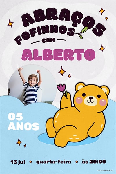 Modelo de Convite de Aniversario - Abracos Fofinhos Lilas Convite Abraços Fofinhos Lilás grátis para editar