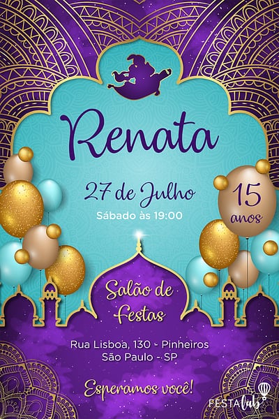 Modelo de Convite de Aniversario - Aladdin Convite Aladdin grátis para editar