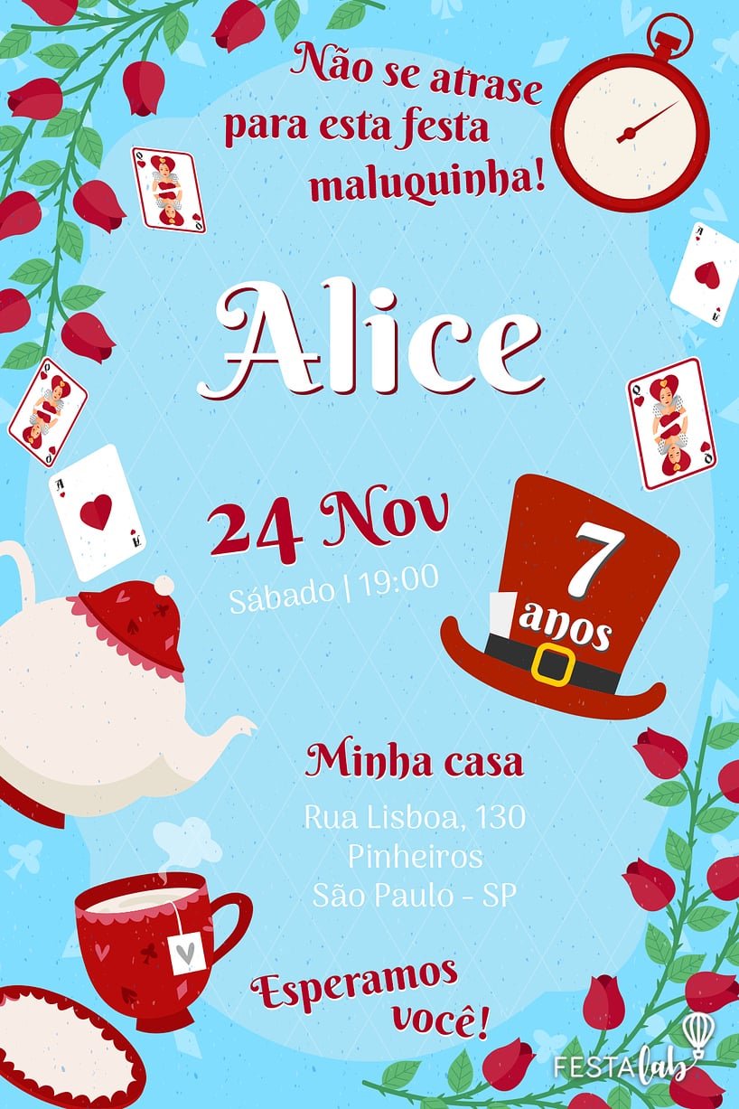 Modelo de Convite de Aniversario - Alice no Pais das Maravilhas Criar convite de aniversário - Alice no País das Maravilhas| FestaLab