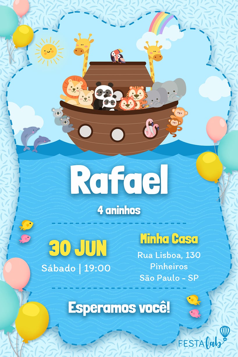 Convite Arca de Noé Azul grátis para editar