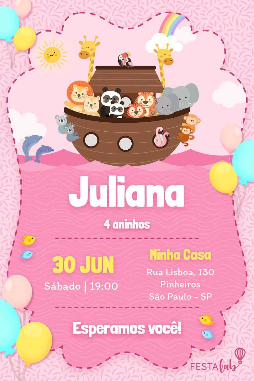 Convite Arca de Noé Rosa grátis para editar