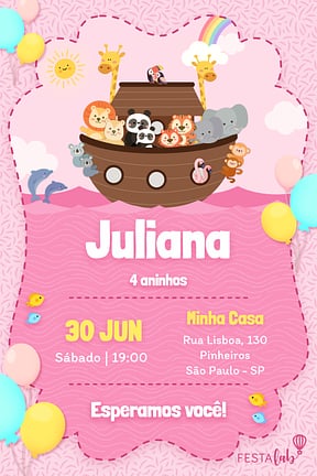 Convite de Aniversario - Arca de Noe Rosa