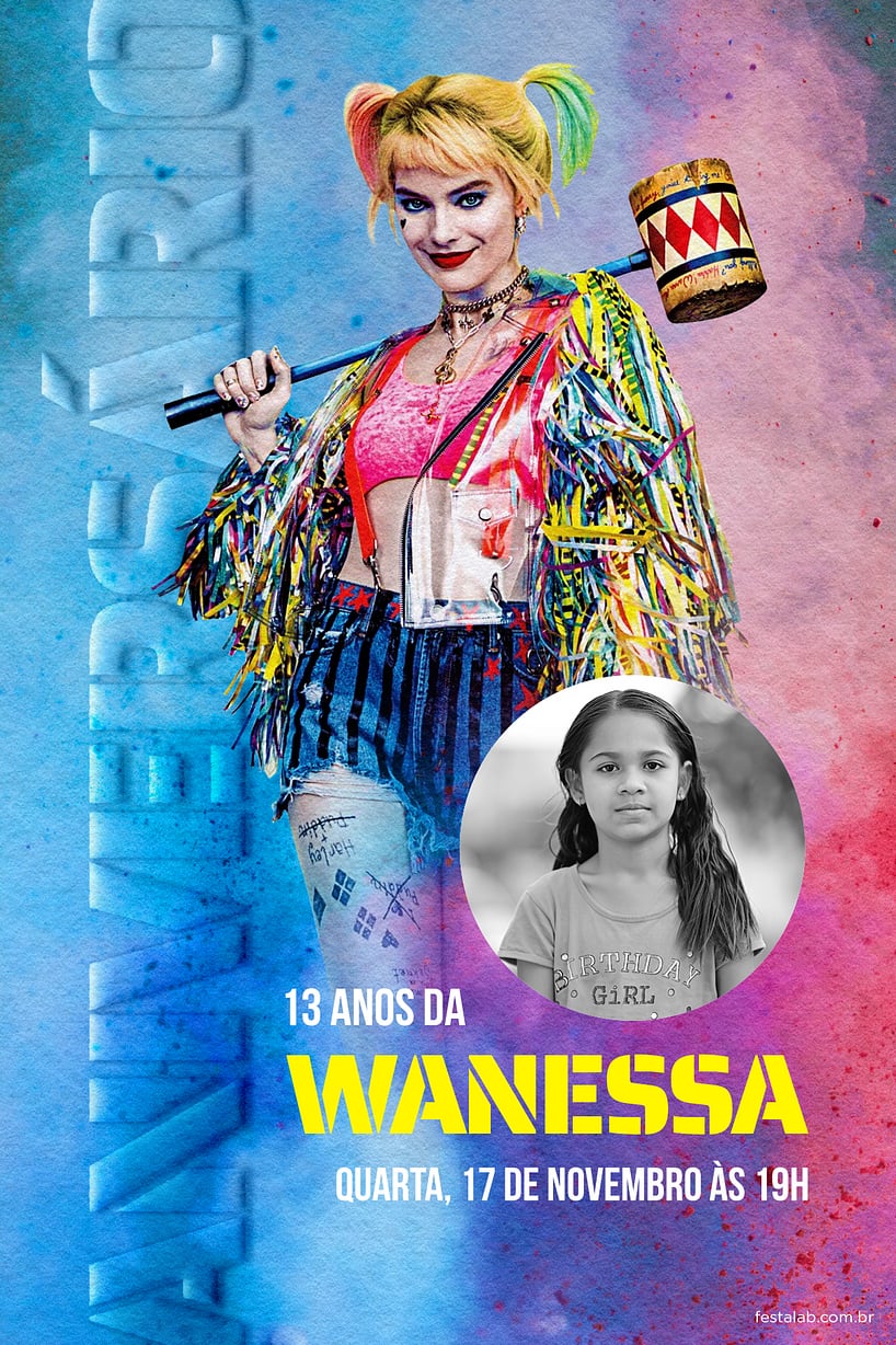 Convite Arlequina azul e rosa grátis para editar