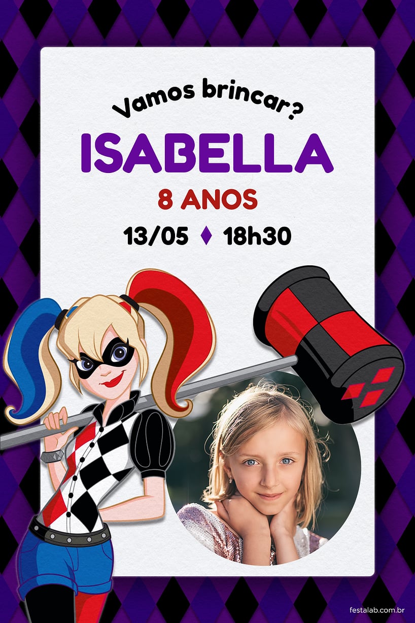 Convite Arlequina Roxa grátis para editar