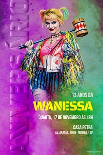 Convite Arlequina roxo e verde grátis para editar