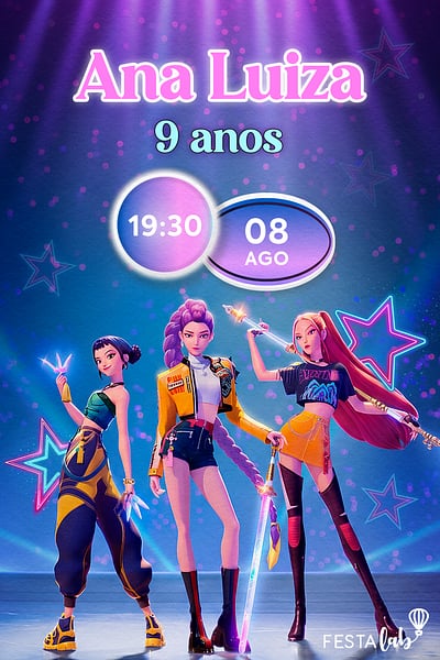 Modelo de Convite de Aniversario - As Huntrix Criar convite de aniversário - As Huntrix| FestaLab