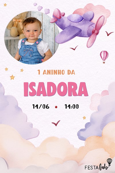 Criar convite de aniversário - Aviãozinho rosa aquarelado| FestaLab
