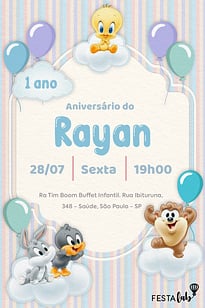 Modelo de Convite de Aniversario - Baby Looney Tunes Listradinho de Azul Convite Baby Looney Tunes Listradinho de Azul grátis para editar