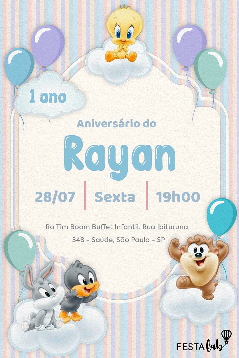 Criar convite de aniversário - Baby Looney Tunes Listradinho de Azul| FestaLab