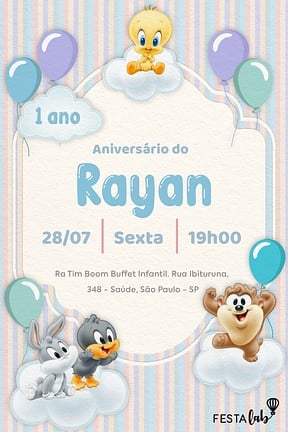 Modelo de Convite de Aniversario - Baby Looney Tunes Listradinho de Azul Convite de Aniversario - Baby Looney Tunes Listradinho de Azul
