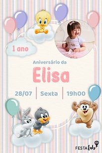 Modelo de Convite de Aniversario - Baby Looney Tunes Listradinho de Rosa Convite Baby Looney Tunes Listradinho de Rosa grátis para editar
