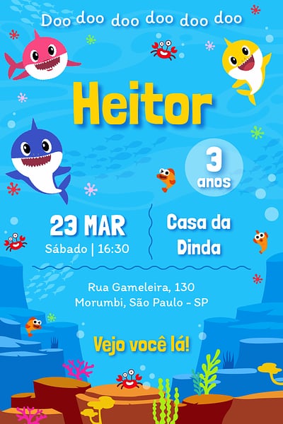 Modelo de Convite de Aniversario - Baby Shark Convite Baby Shark grátis para editar