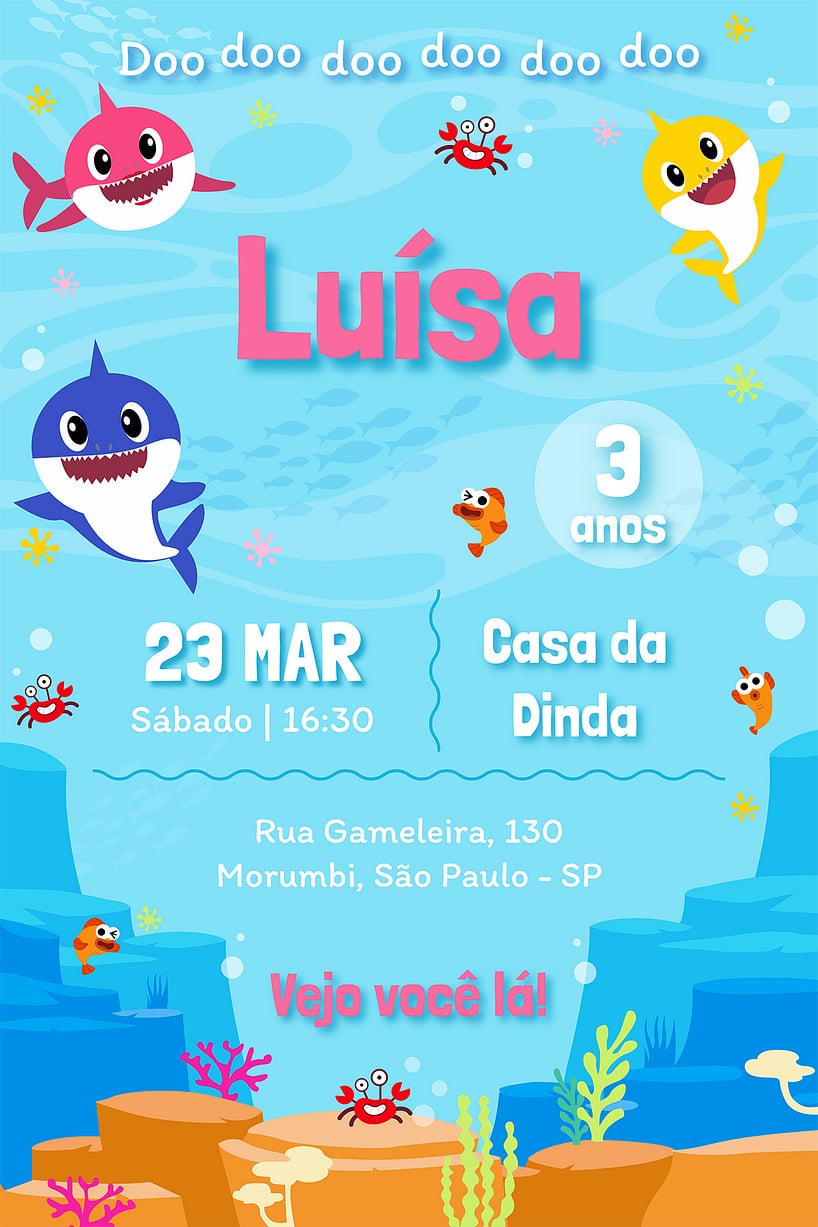 Convite Baby Shark grátis para editar