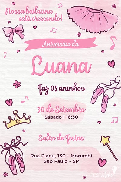 Modelo de Convite de Aniversario - Bailarina Convite Bailarina grátis para editar