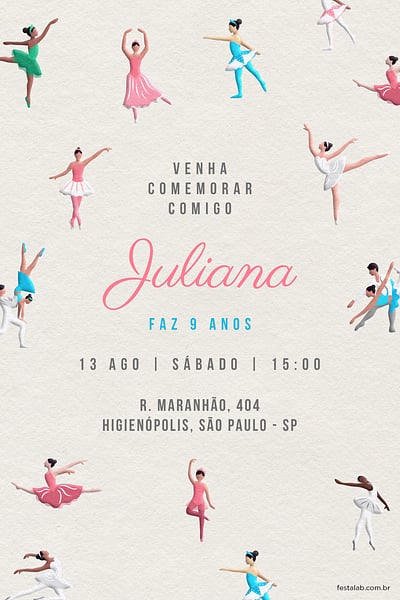 Modelo de Convite de Aniversario - Noite de Tutus e Sapatilhas: Bege Convite Noite de Tutus e Sapatilhas: Bege grátis para editar