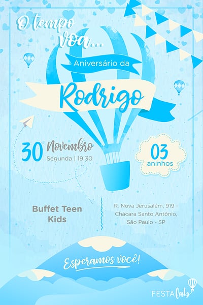 Modelo de Convite de Aniversario - Balao Azul Criar convite de aniversário - Balão Azul| FestaLab