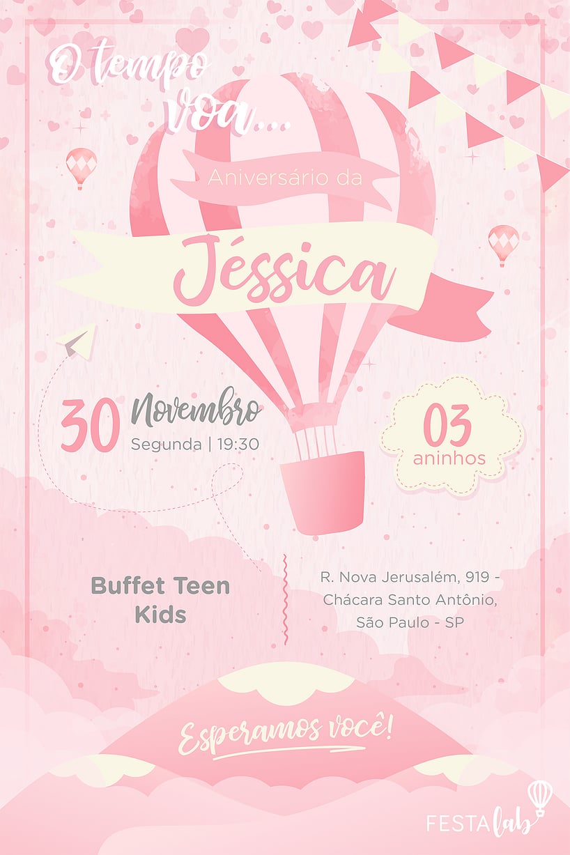 Criar convite de aniversário - Balão Rosa| FestaLab