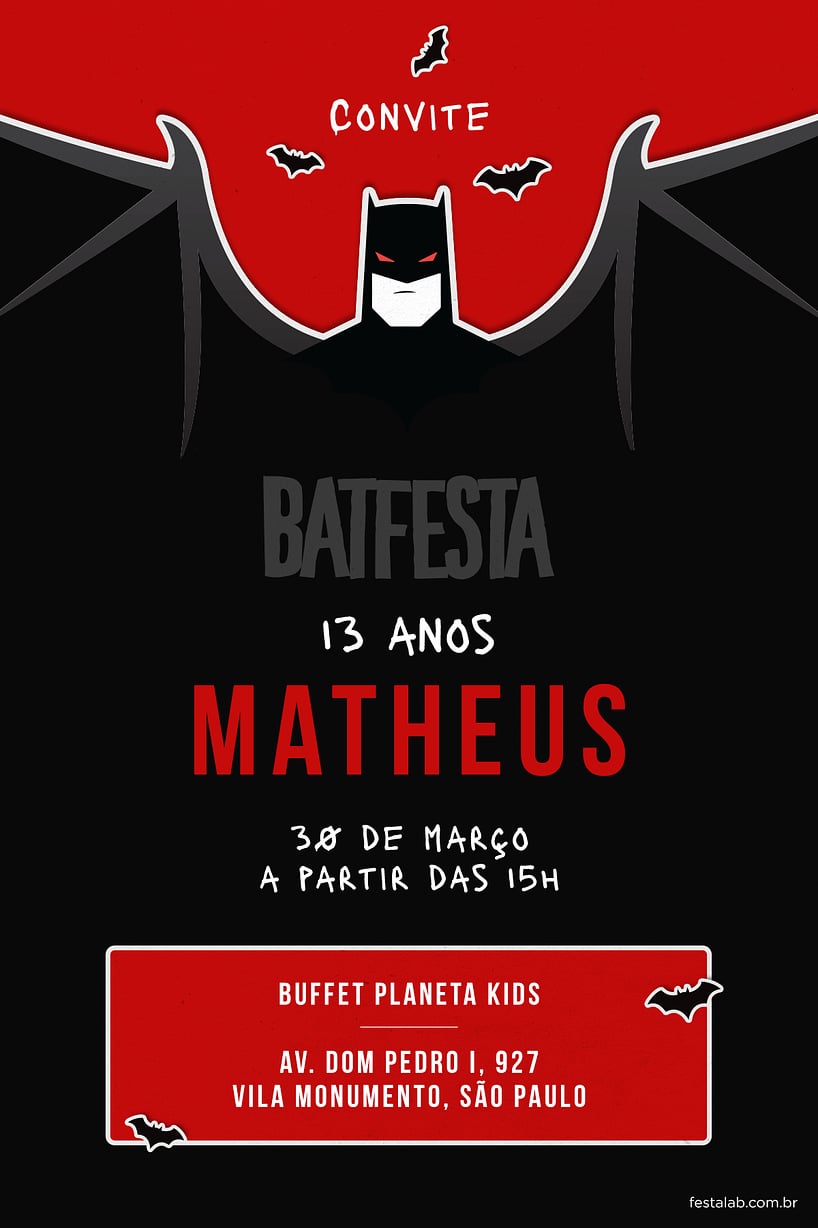 Convite Batfesta Vermelho grátis para editar