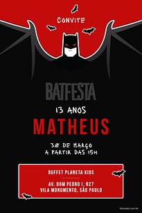 Modelo de Convite de Aniversario - Batfesta Vermelho Convite Batfesta Vermelho grátis para editar