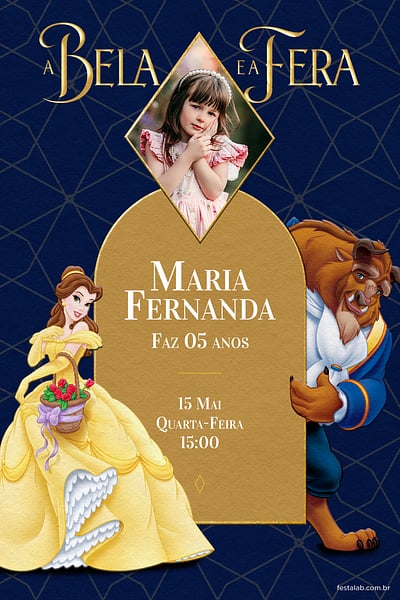 Modelo de Convite de Aniversario - Bela e a Fera azul Convite Bela e a Fera azul grátis para editar