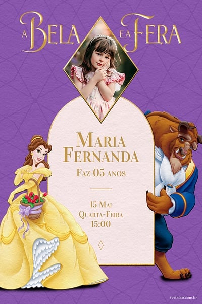 Modelo de Convite de Aniversario - Bela e a Fera lilas Convite Bela e a Fera lilas grátis para editar