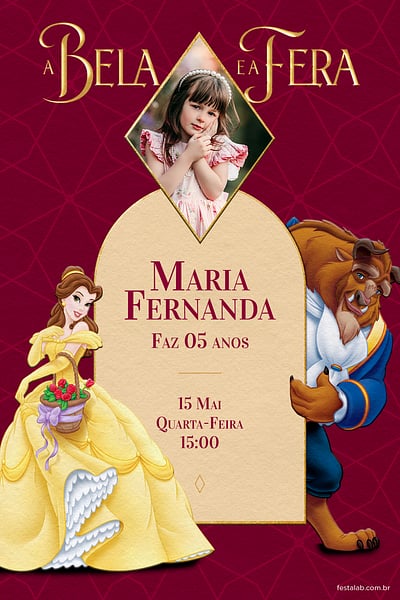 Modelo de Convite de Aniversario - Bela e a Fera Vermelha Convite Bela e a Fera Vermelha grátis para editar