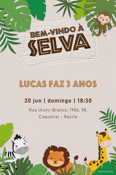 Modelo de Convite de Aniversario - Bem Vindo a Selva Convite Bem Vindo a Selva grátis para editar