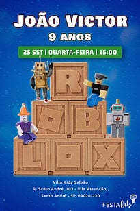 Modelo de Convite de Aniversario - Bloco do Roblox Azul Convite Bloco do Roblox Azul grátis para editar