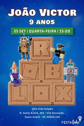 Modelo de Convite de Aniversario - Bloco do Roblox Azul Convite de Aniversario - Bloco do Roblox Azul
