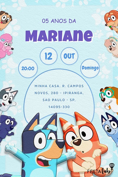 Modelo de Convite de Aniversario - Bluey e seus amigos Convite Bluey e seus amigos grátis para editar