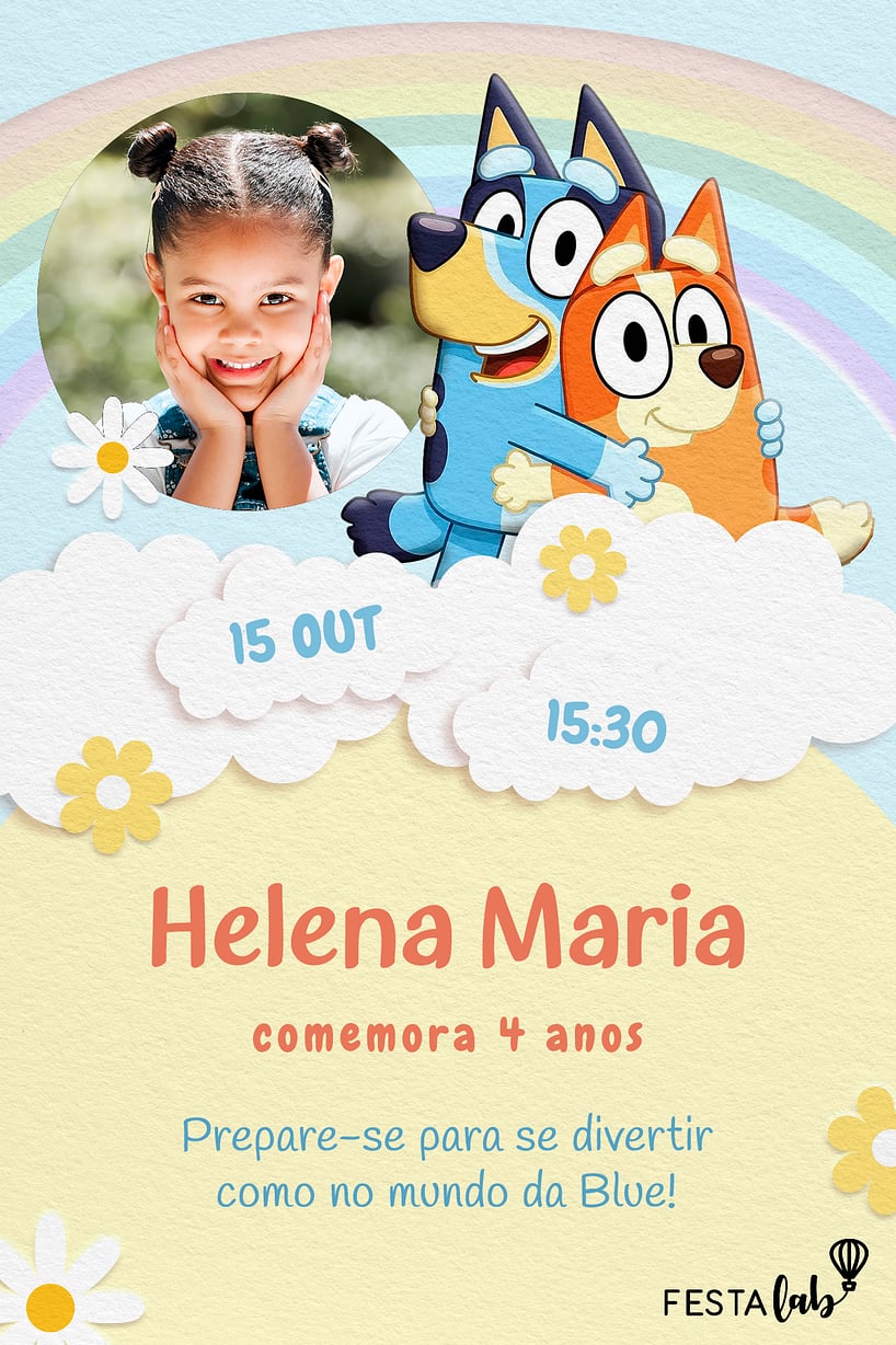 Criar convite de aniversário - Bluey nas Nuvens| FestaLab