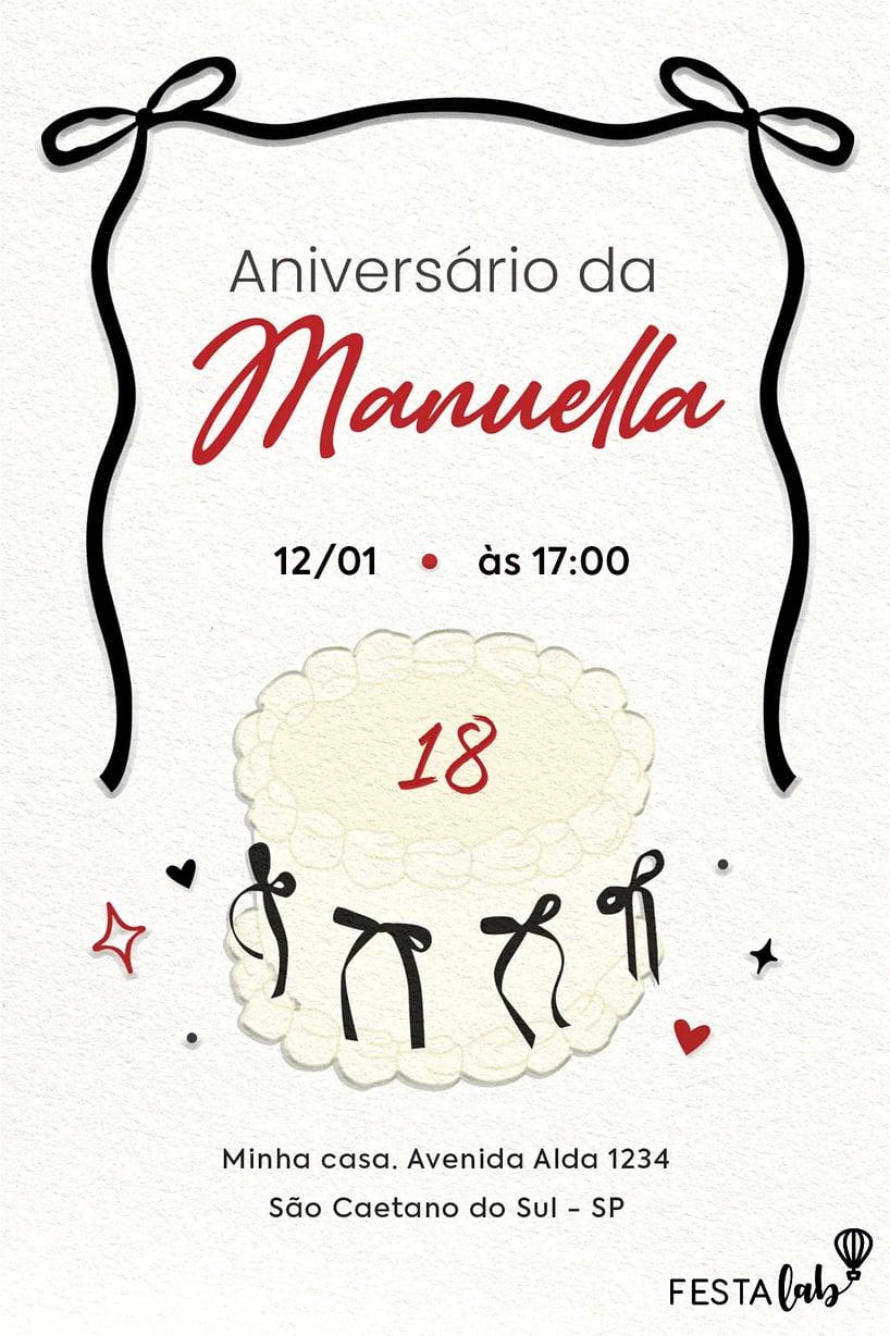 Convite Bolo de laço grátis para editar