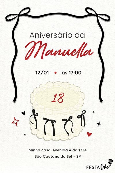 Modelo de Convite de Aniversario - Bolo de laco Convite Bolo de laço grátis para editar