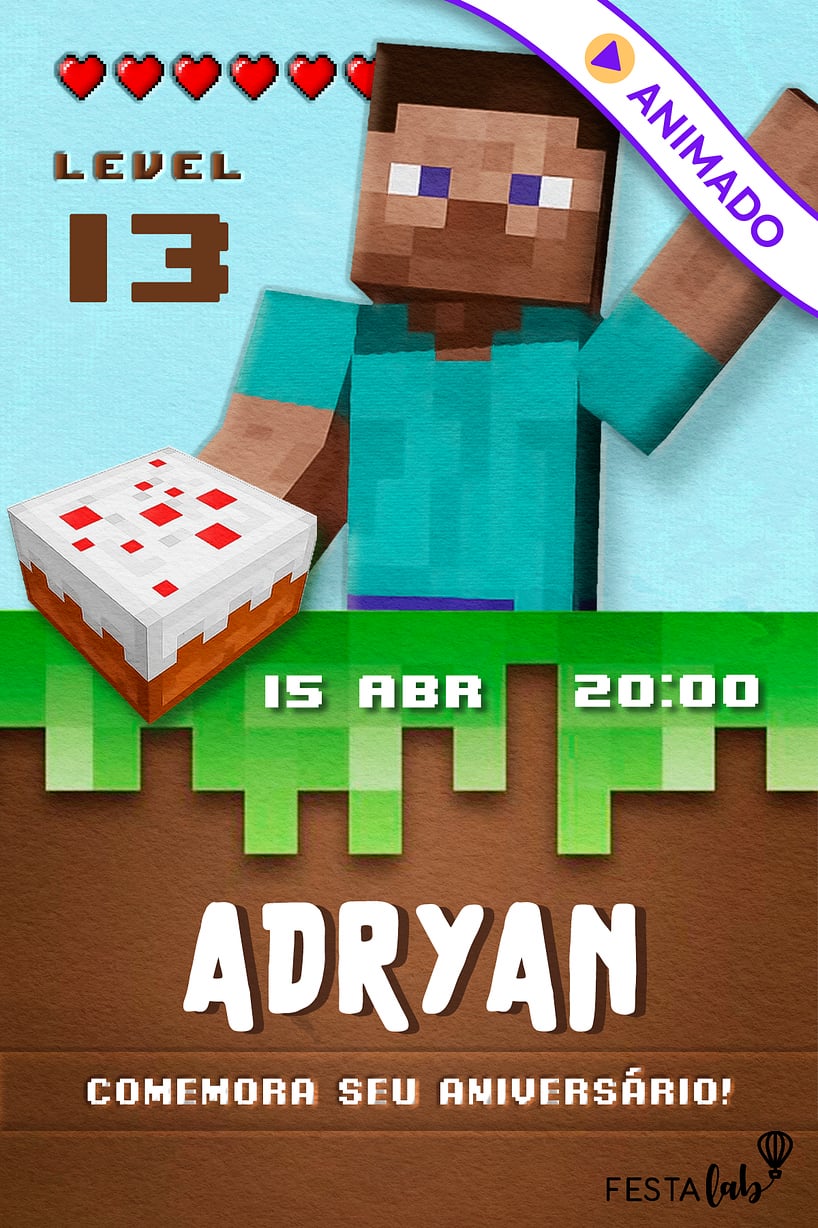 Convite Bolo do Steve grátis para editar