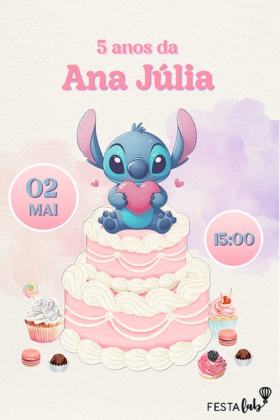 Modelo de Convite de Aniversario - Bolo do Stitch Convite Bolo do Stitch grátis para editar