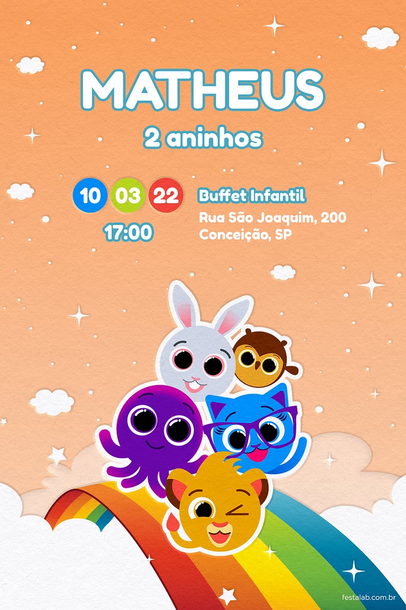 Convite Bolofofos Arco-iris Laranja grátis para editar