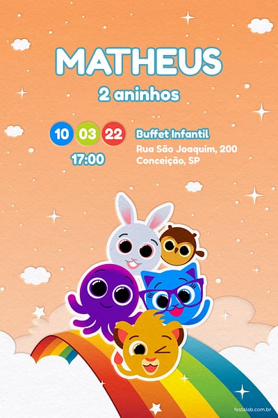 Modelo de Convite de Aniversario - Bolofofos Arco-iris Laranja Convite Bolofofos Arco-iris Laranja grátis para editar