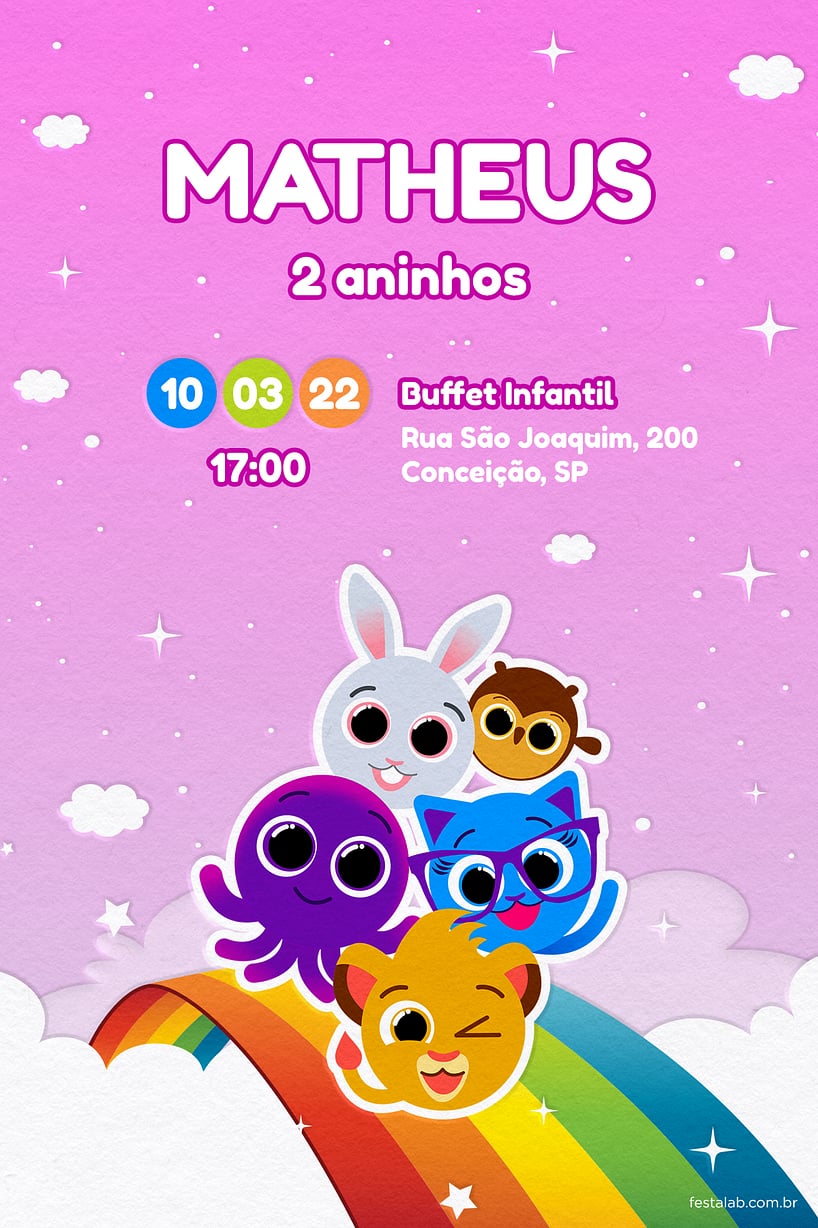 Convite de Aniversario - Bolofofos Arco-iris Rosa