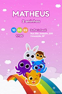 Modelo de Convite de Aniversario - Bolofofos Arco-iris Rosa Convite Bolofofos Arco-iris Rosa grátis para editar