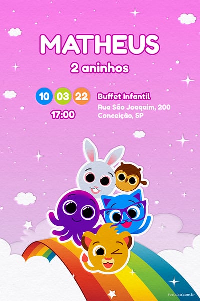 Modelo de Convite de Aniversario - Bolofofos Arco-iris Rosa Convite Bolofofos Arco-iris Rosa grátis para editar