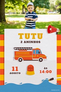Modelo de Convite de Aniversario - Bombeiro Laranja Convite Bombeiro Laranja grátis para editar