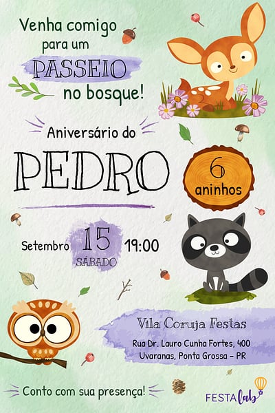 Modelo de Convite de Aniversario - Bosque Convite Bosque grátis para editar