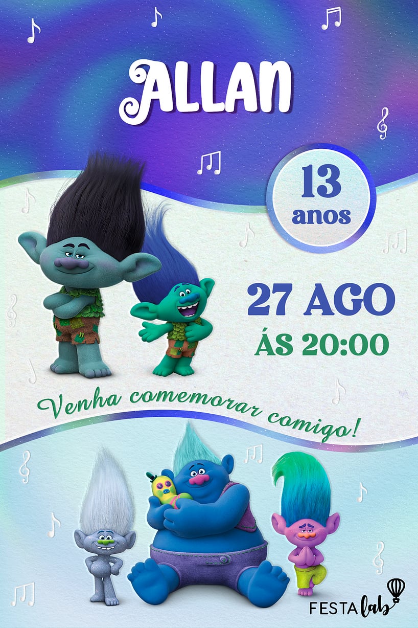 Criar convite de aniversário - Boys Trolls Party| FestaLab