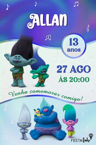 Modelo de Convite de Aniversario - Boys Trolls Party Convite Boys Trolls Party grátis para editar