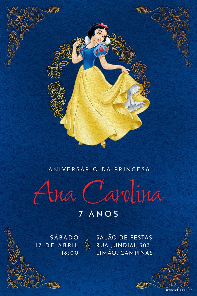 Modelo de Convite de Aniversario - Branca de Neve - Azul Convite de Aniversario - Branca de Neve - Azul