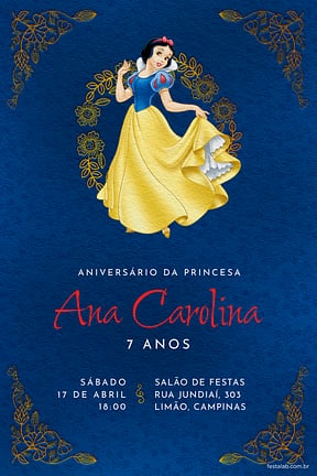 Modelo de Convite de Aniversario - Branca de Neve - Azul Convite de Aniversario - Branca de Neve - Azul